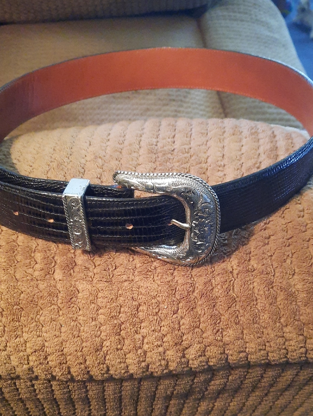 Men's Black Leather Western Belt with Ornate Silver Buckle